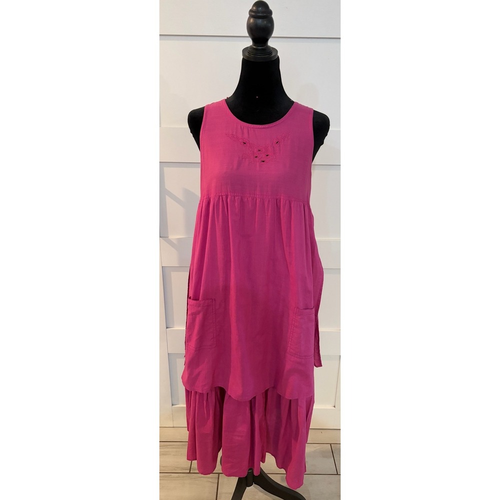 Oh! Mama Pink Cotton Tiered Midi Dress Sleeveless Embroidered Pockets Small Boho
